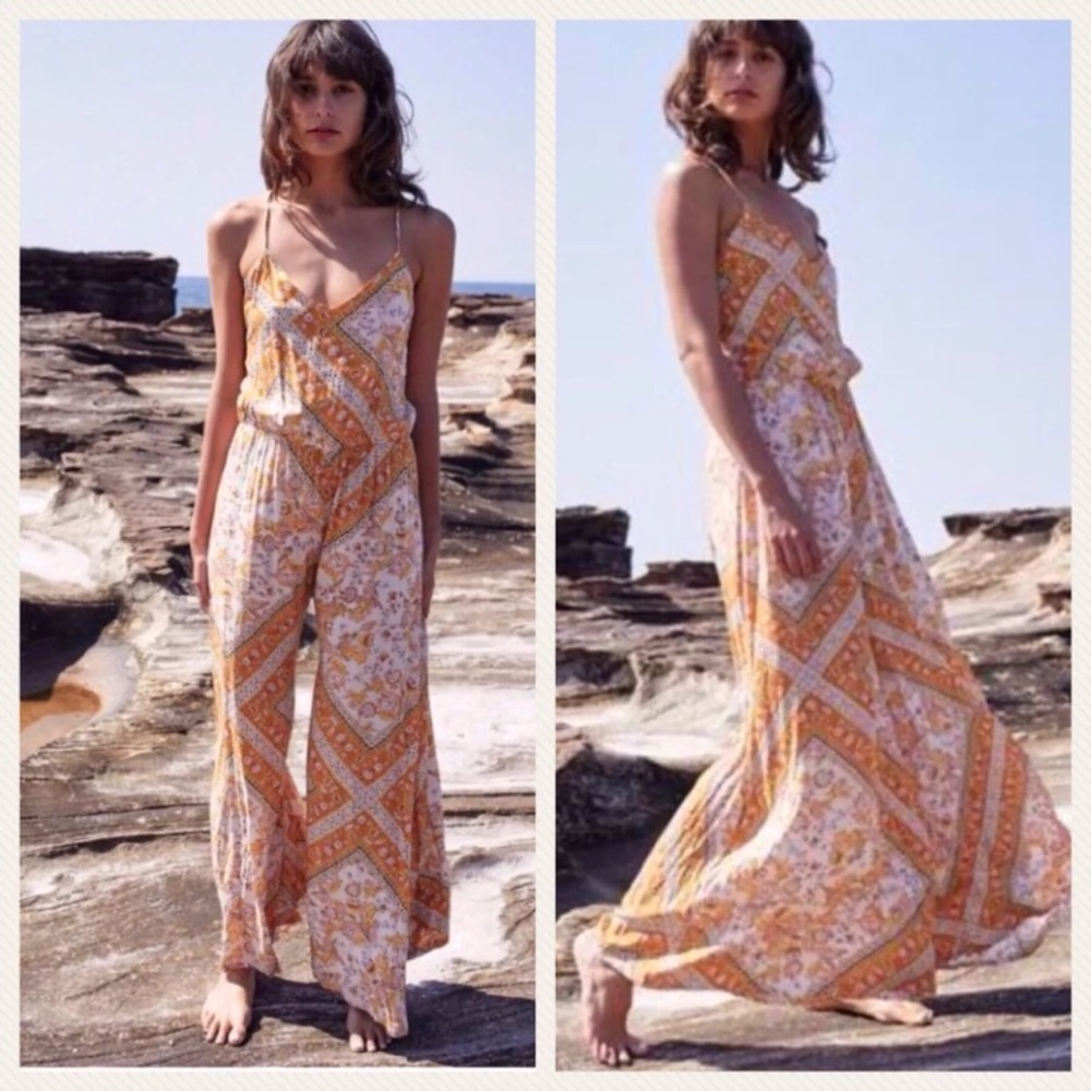 Jaase Floral Print Spaghetti Strap Jumpsuit in White and Orange